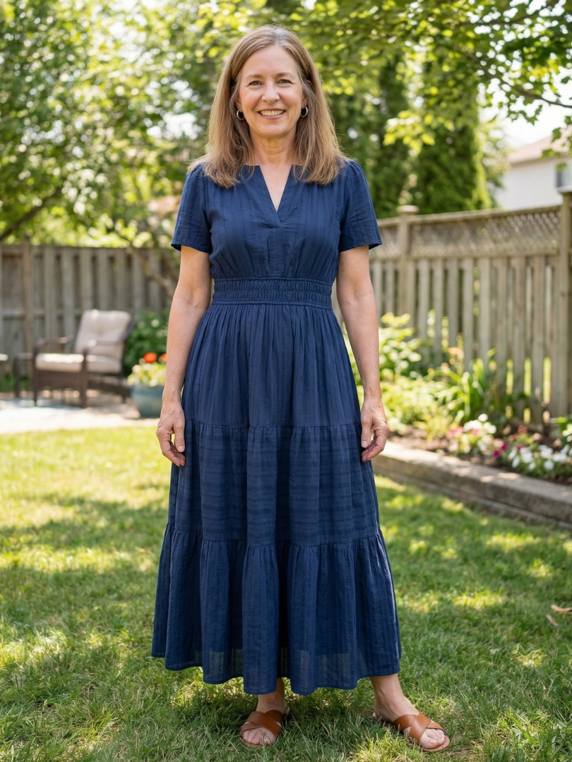 Notch Neck Short Sleeve Smocked Waist Tiered Maxi Dress