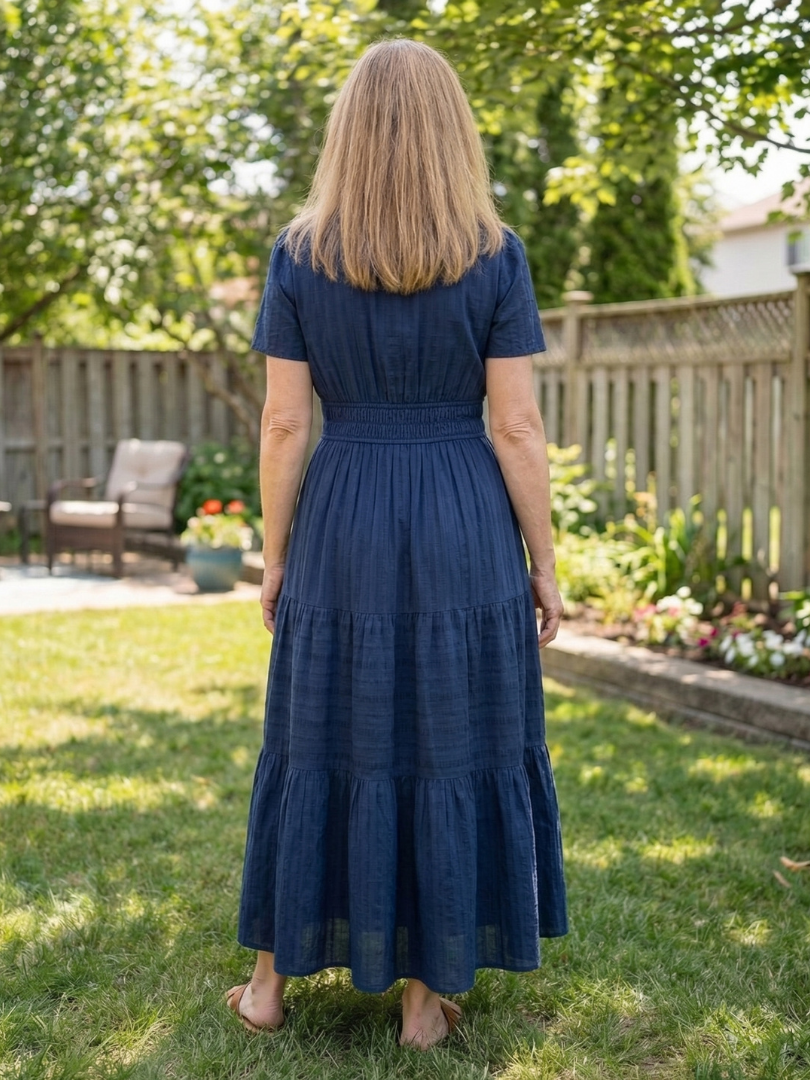 Notch Neck Short Sleeve Smocked Waist Tiered Maxi Dress