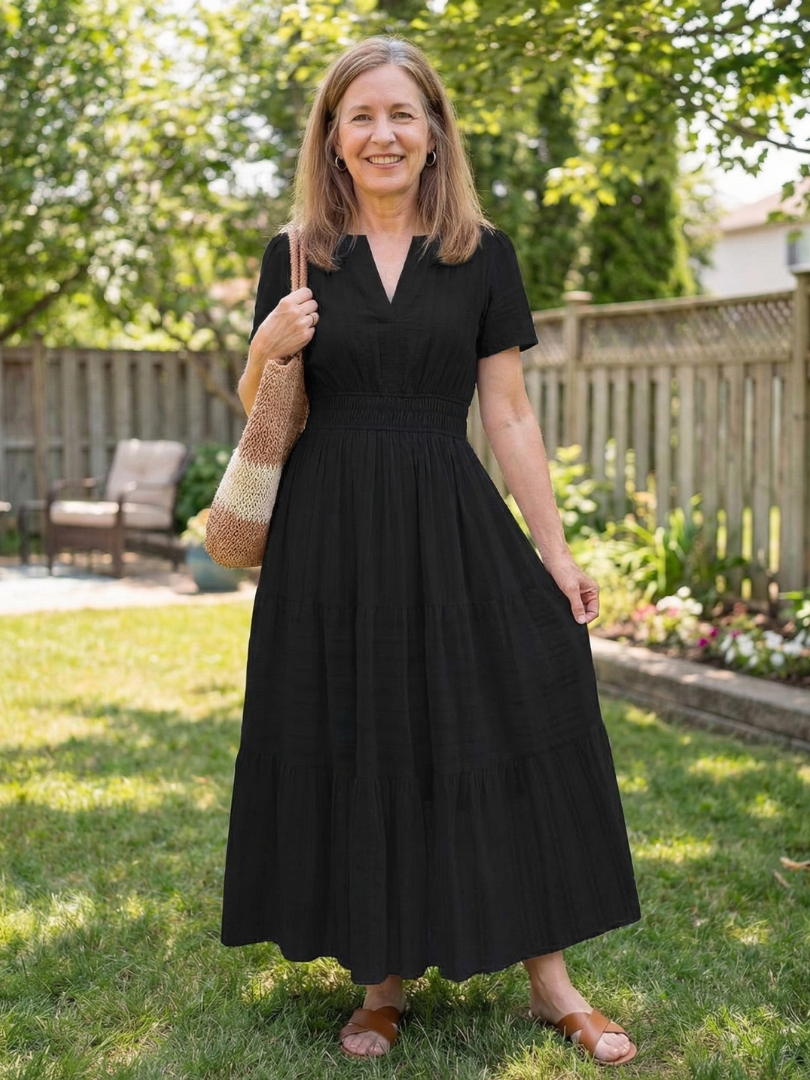 Notch Neck Short Sleeve Smocked Waist Tiered Maxi Dress