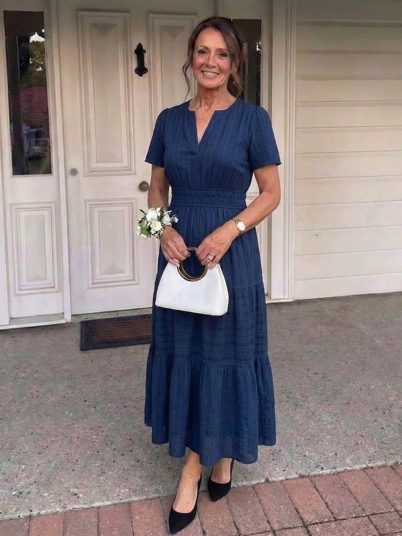 Notch Neck Short Sleeve Smocked Waist Tiered Maxi Dress