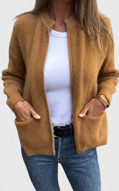 Ribbed Knit Zip-Front Pocket Long Sleeve Bomber Jacket
