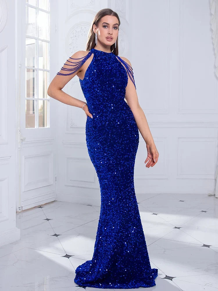 Beaded Sequin Halter Party Dress