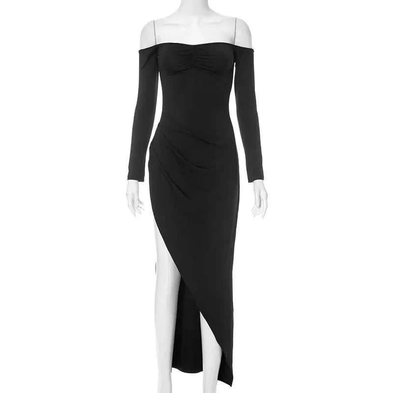 Off Shoulder Sleeve High Split Maxi Dress