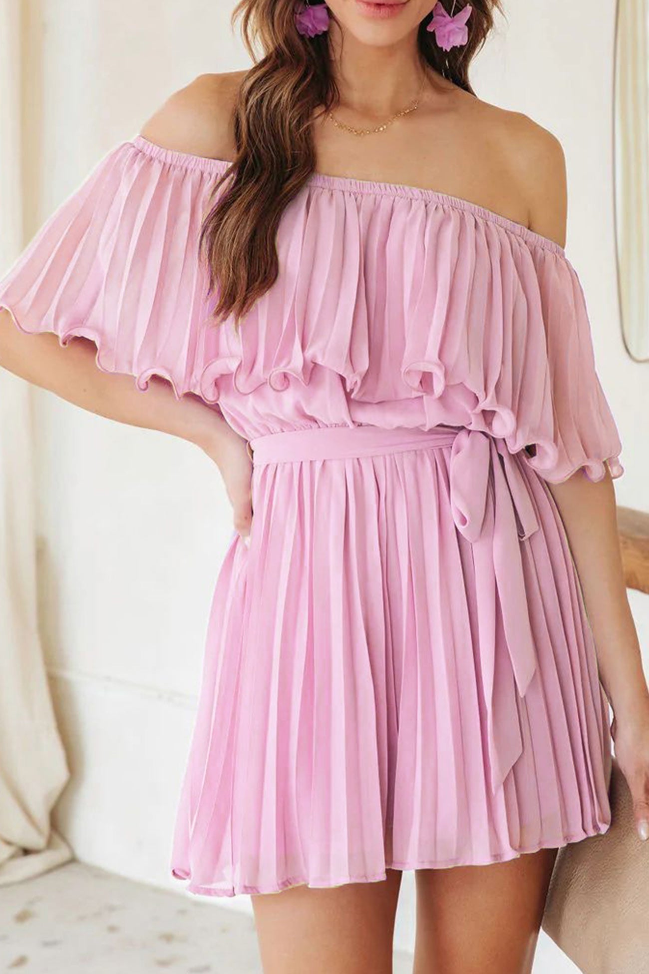 Off Shoulder Pleated Tie-Waist Rompers Light Purple / S