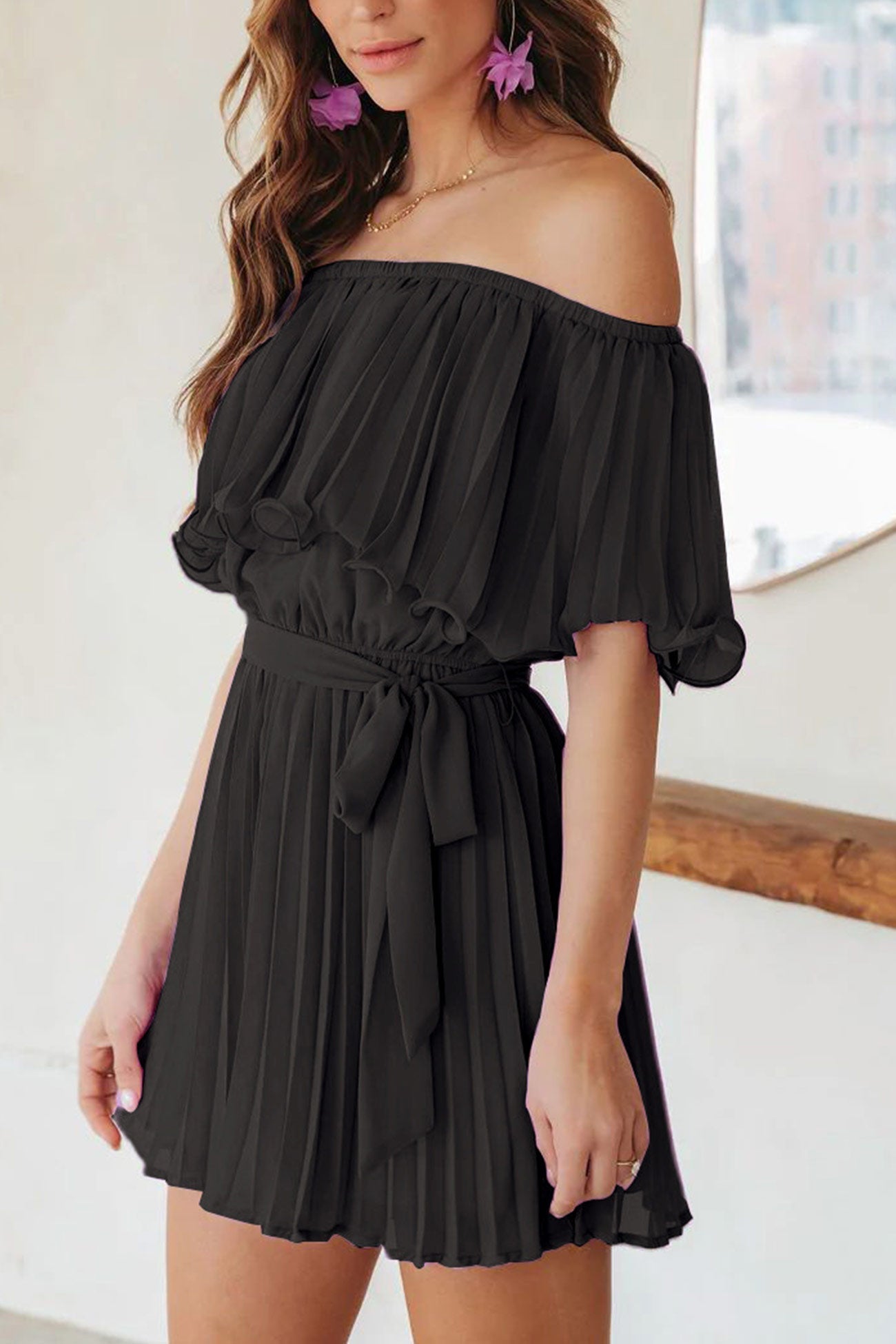Off Shoulder Pleated Tie-Waist Rompers Black / M