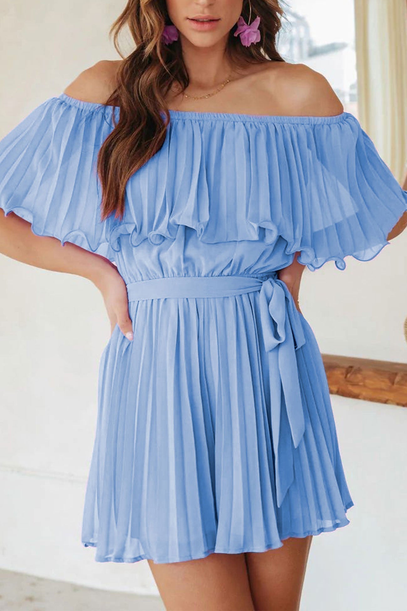 Off Shoulder Pleated Tie-Waist Rompers Blue / S
