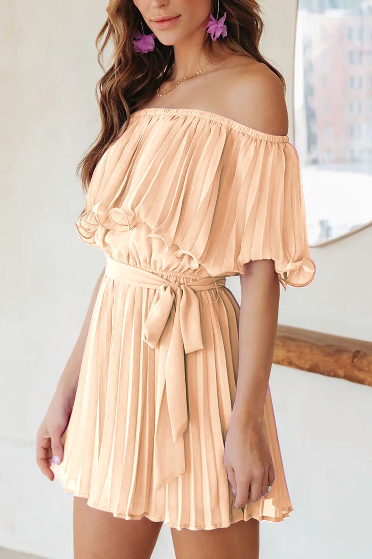 Off Shoulder Pleated Tie-Waist Rompers Apricot / M