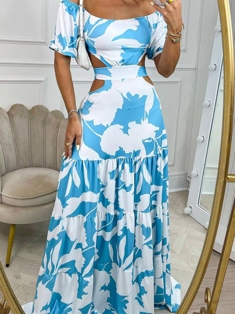 Off-the-shoulder Printed Cutout Lace-up Dress
