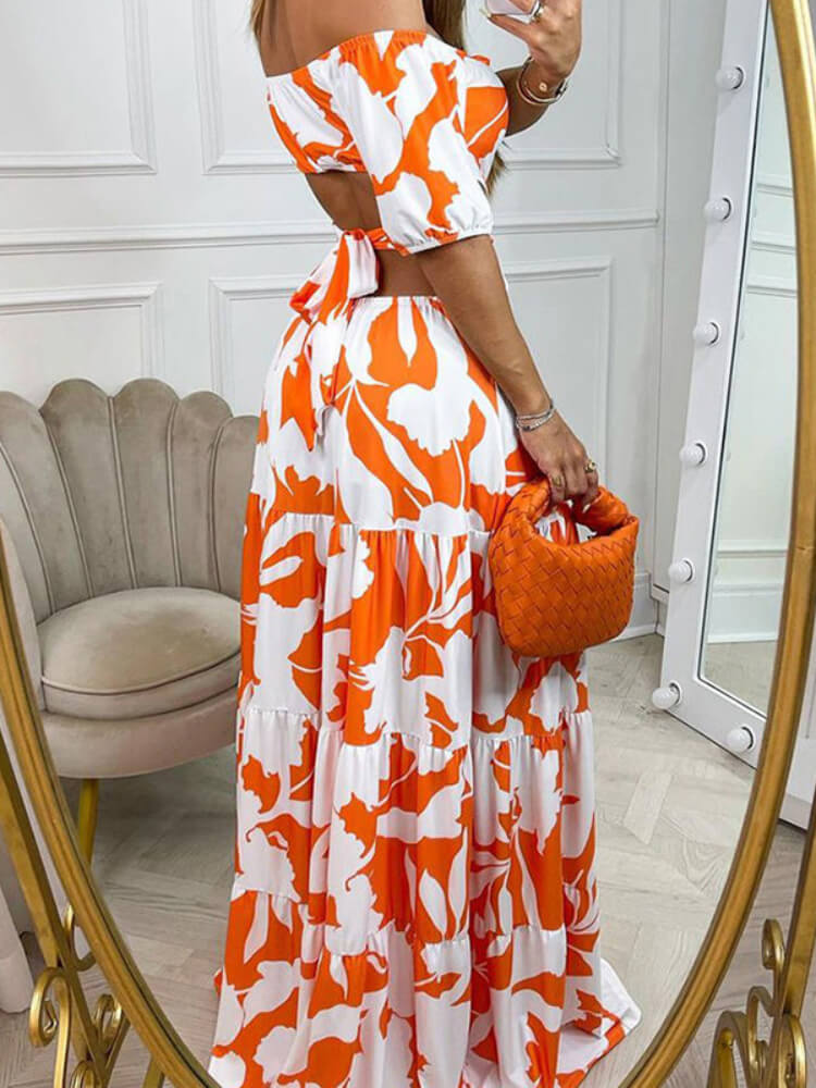 Off-the-shoulder Printed Cutout Lace-up Dress