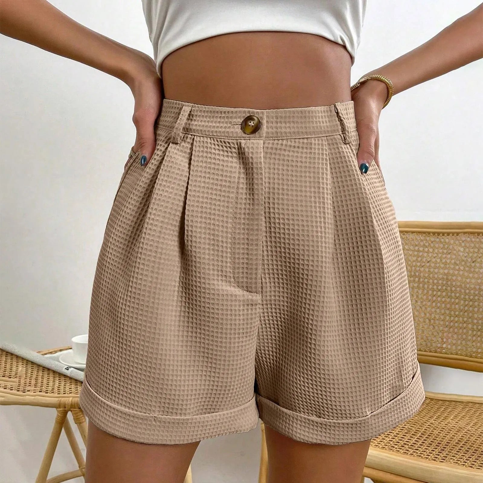 Solid High-Waist Office Lounge Short Khaki / S short-250223