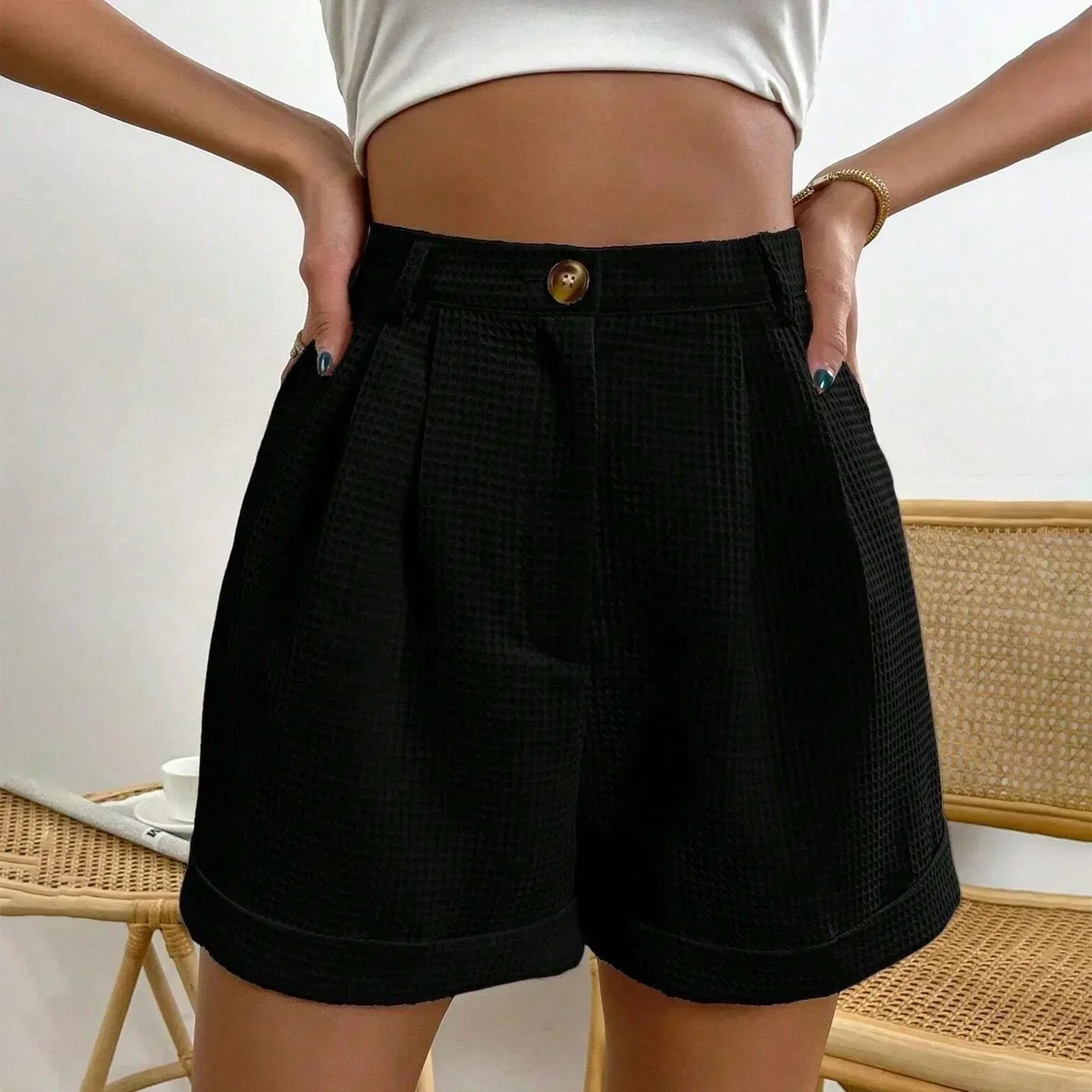 Solid High-Waist Office Lounge Short Black / S short-250223