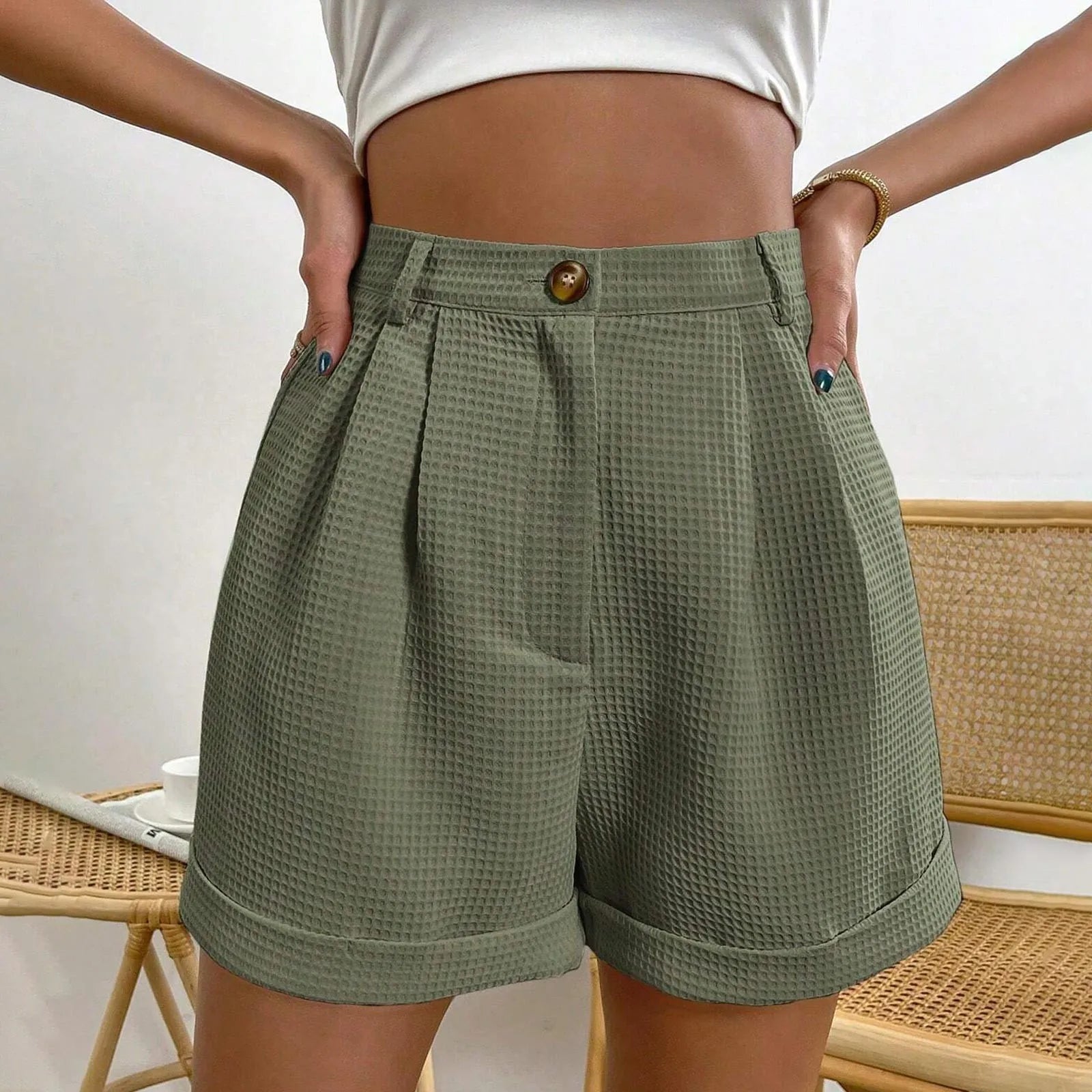 Solid High-Waist Office Lounge Short Army Green / S short-250223