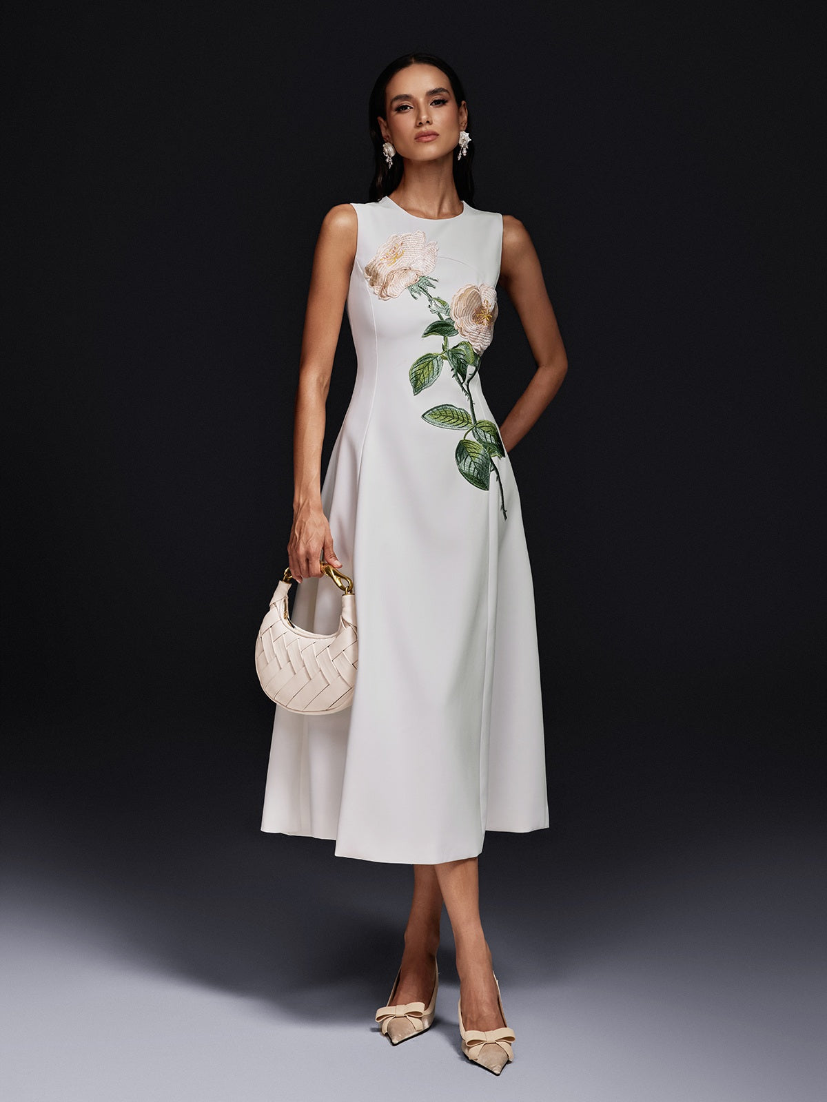 Sleeveless Flower Embroidered Midi Dress In White