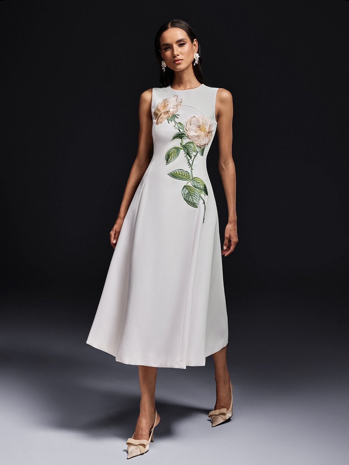 Sleeveless Flower Embroidered Midi Dress In White