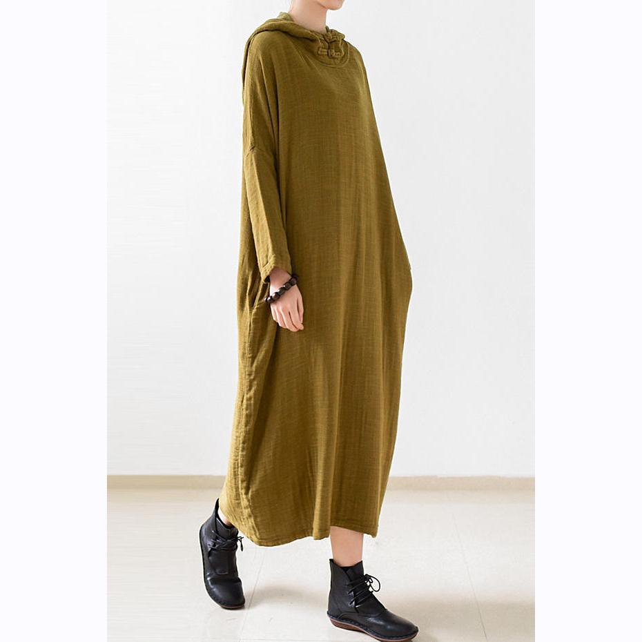 Olive double layered long sleeve linen dresses hooded long cotton maxi dresses