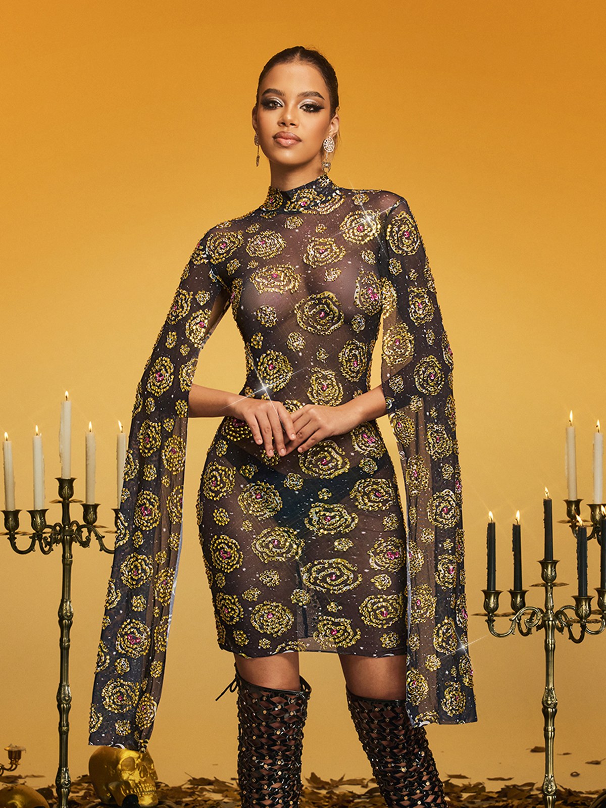Cape Sleeve Rose Rhinestone Mini Dress