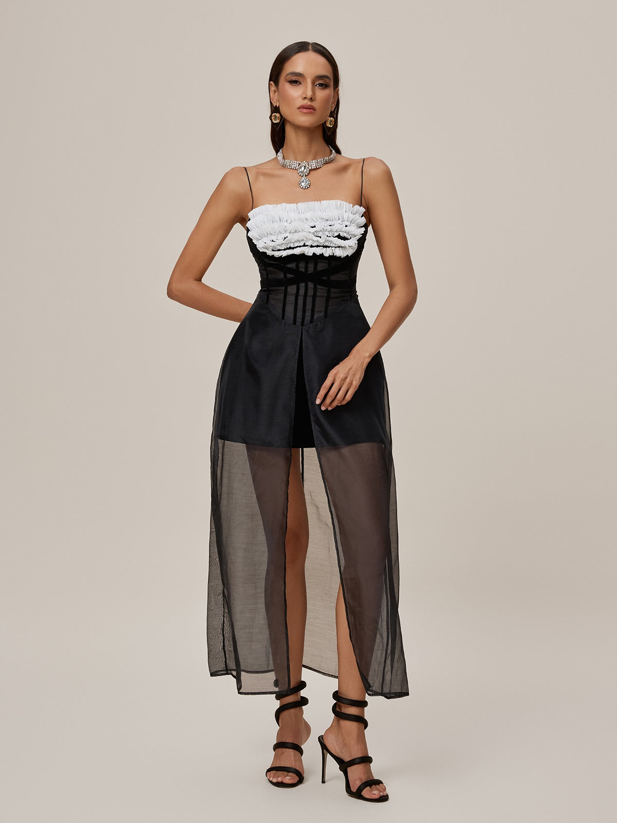 Spaghetti Mesh Split Maxi Dress