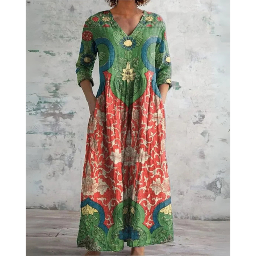 V-Neck Three-Quarter Sleeve Floral Print Pocket A-Line Maxi Dress