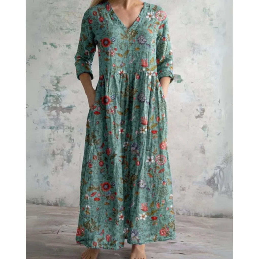 V-Neck Three-Quarter Sleeve Floral Print Pocket A-Line Maxi Dress