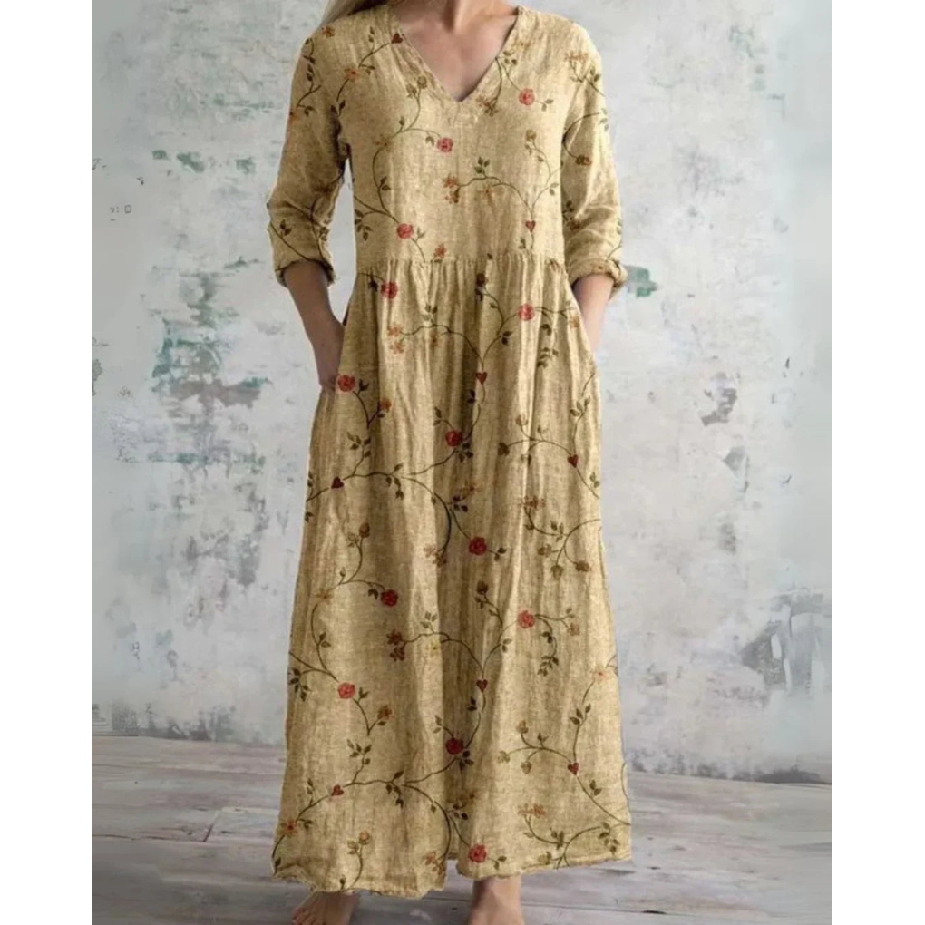 V-Neck Three-Quarter Sleeve Floral Print Pocket A-Line Maxi Dress