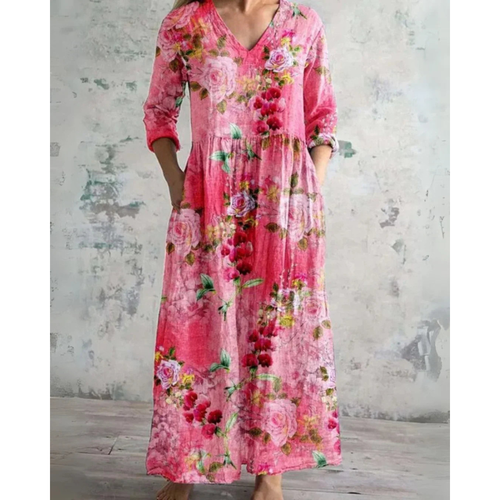 V-Neck Three-Quarter Sleeve Floral Print Pocket A-Line Maxi Dress