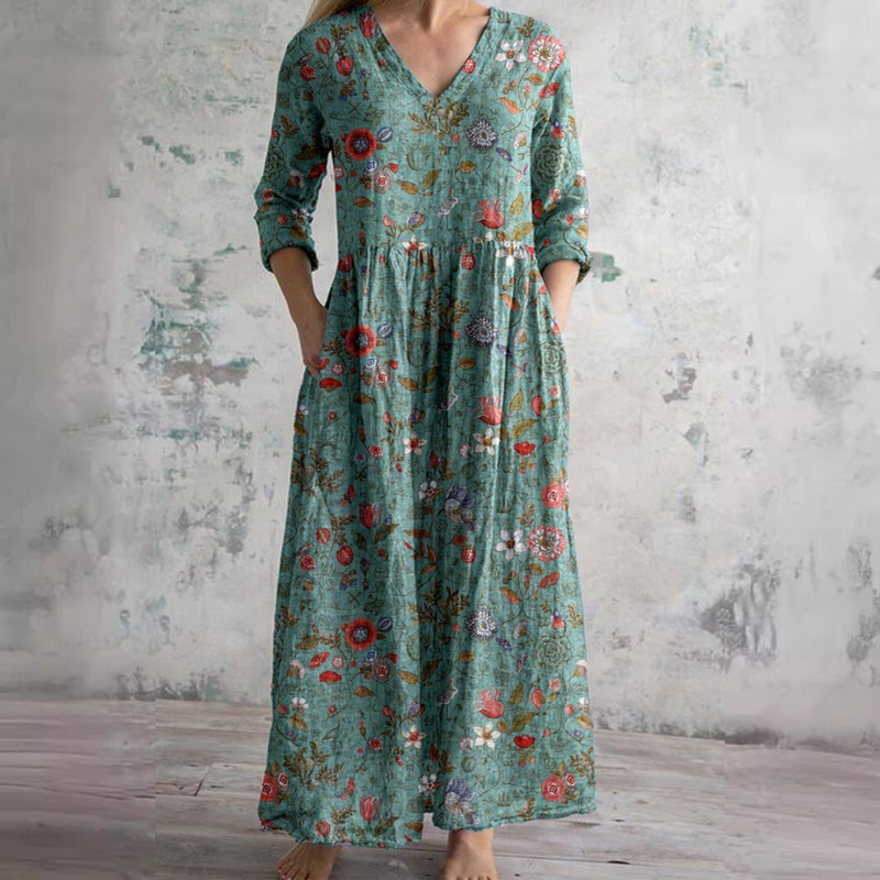 V-Neck Long Sleeve Floral Print Tiered Pocket Maxi Dress