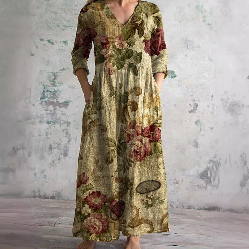 V-Neck Long Sleeve Floral Print Tiered Pocket Maxi Dress
