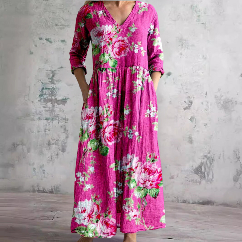 V-Neck Long Sleeve Floral Print Tiered Pocket Maxi Dress