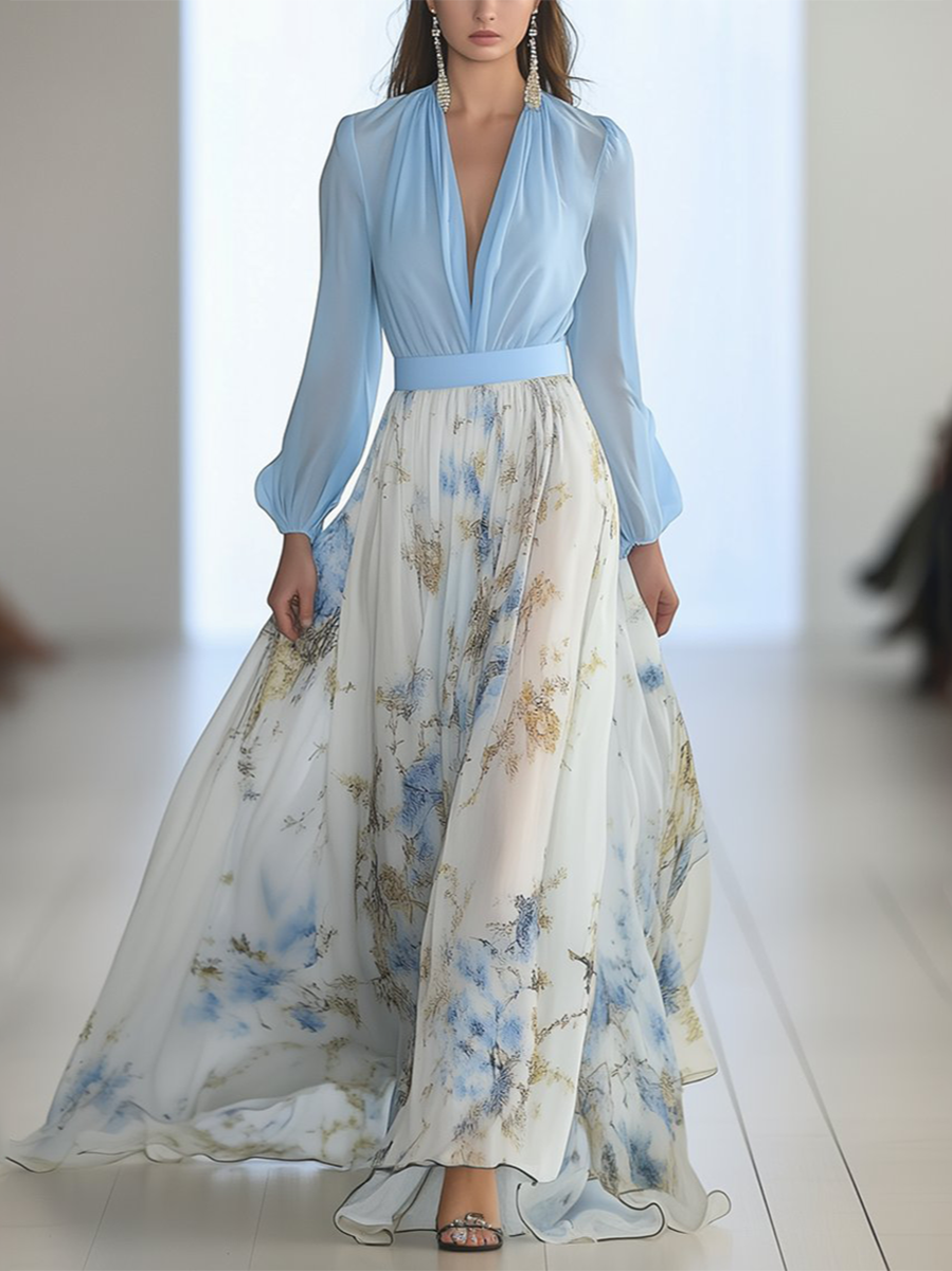 Light Blue Deep V-Neck Pleated Bishop Sleeve Floral Chiffon Maxi Gown