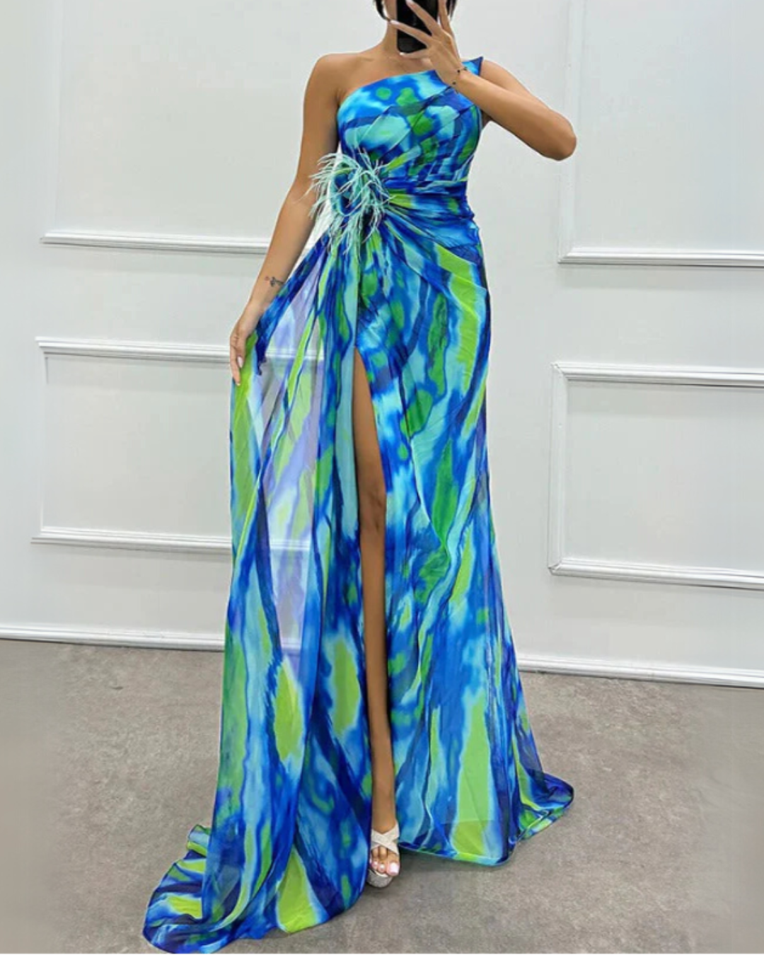 One-Shoulder Feather Trim Printed Ruched High Slit Maxi Gown