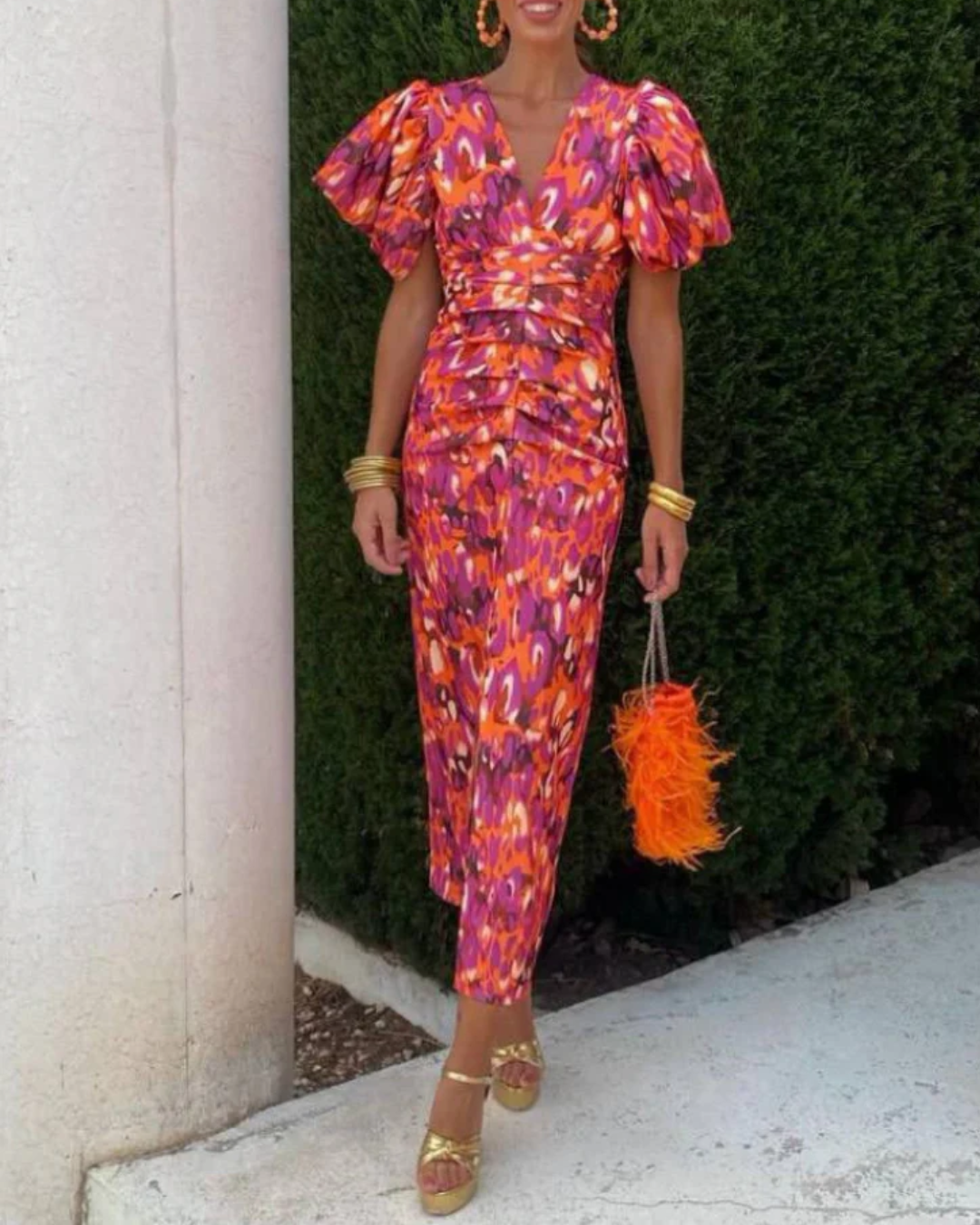 V-Neck Abstract Print Puff Sleeve Ruched Bodycon Midi Dress
