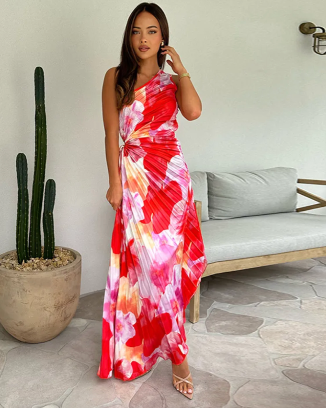 One-Shoulder Floral Print Pleated Twist Front A-Line Maxi Dress