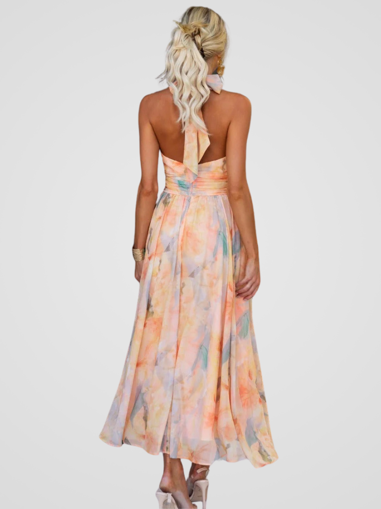 Pink Halter Neck Sleeveless Ruched Watercolor Floral Maxi Dress 3