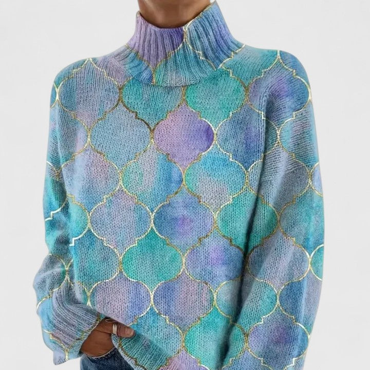 Multi Colored Turtleneck Moroccan Tile Print Long Sleeve Knit Sweater