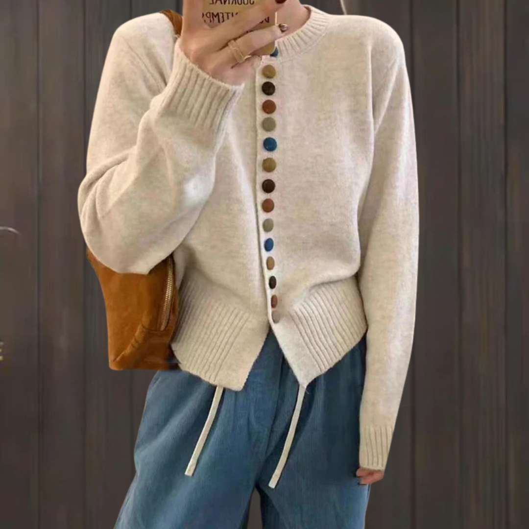 Round Neck Multicolor Button Knit Long Sleeve Cardigan