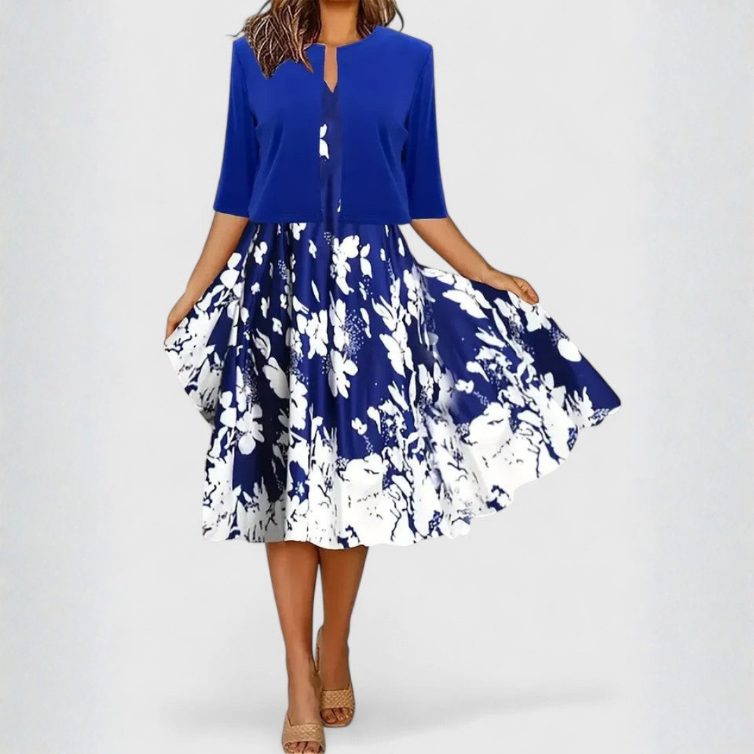 Split Neck Floral Print Long Sleeve Pleated A-Line Midi Dress