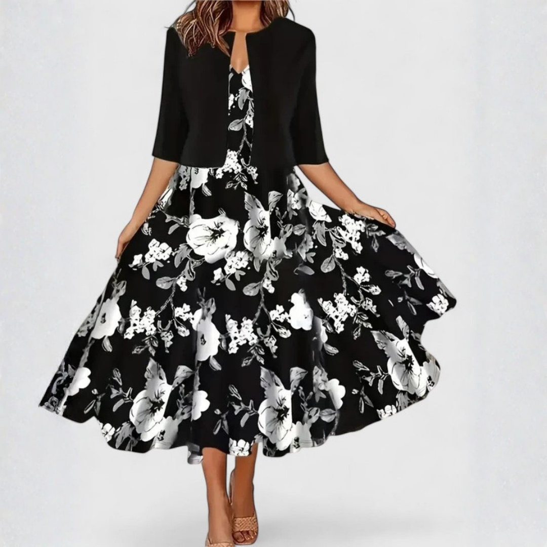 Split Neck Floral Print Long Sleeve Pleated A-Line Midi Dress 2