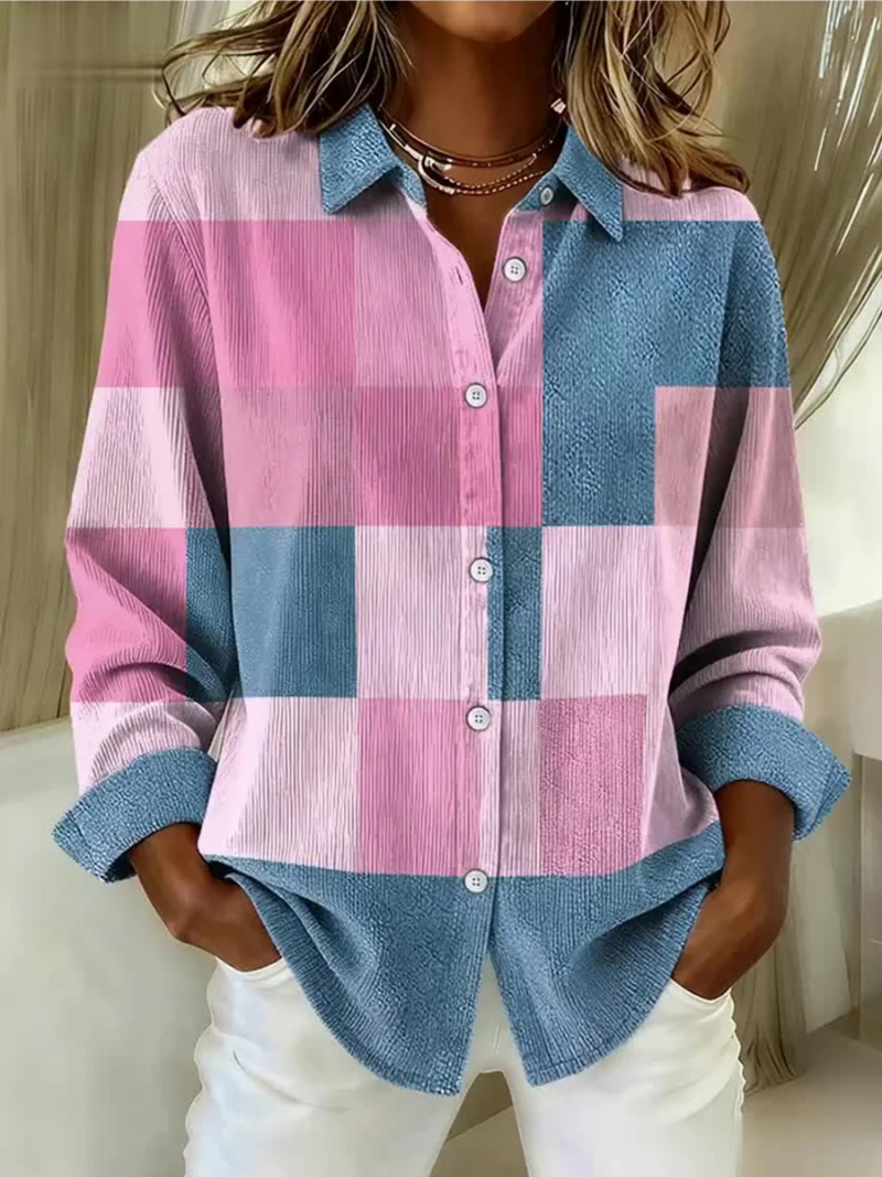 Multicolored Collared Button-Up Colorblock Patchwork Long Sleeve Corduroy Shirt