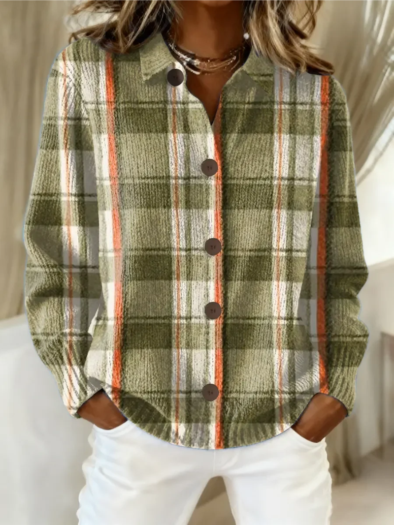 Olive Green Collared Plaid Button Front Long Sleeve Knit Shirt