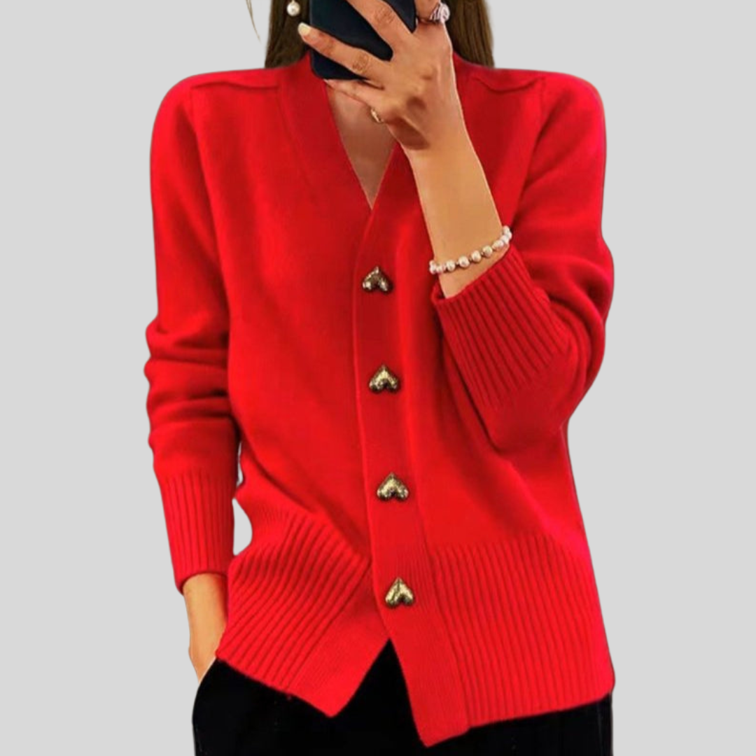 V-Neck Heart Button Ribbed Trim Knit Cardigan 4