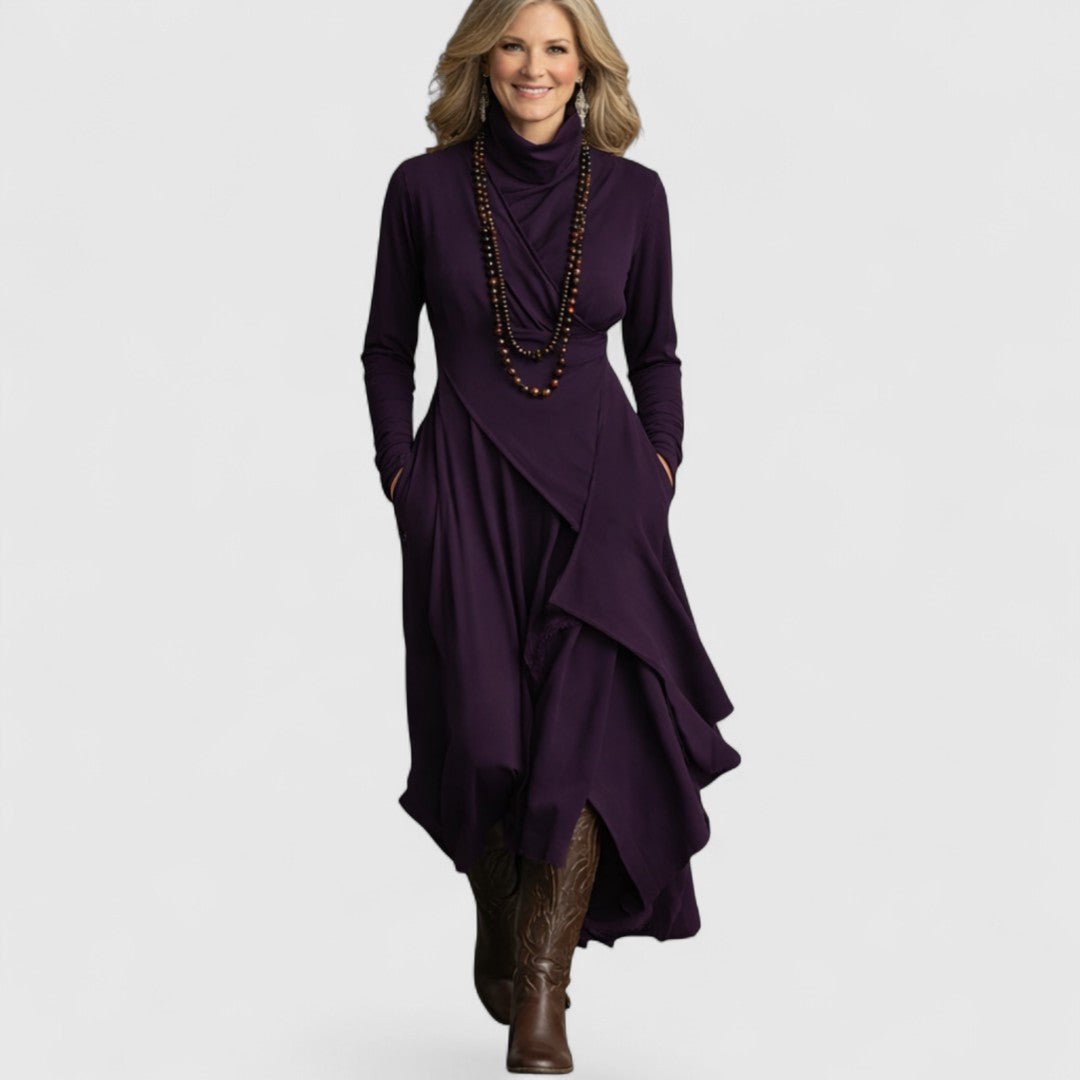 High Neck Draped Long Sleeve Asymmetric Layered Maxi Dress