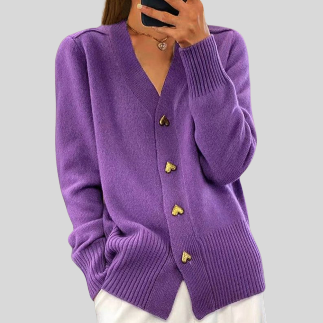 V-Neck Heart Button Ribbed Trim Knit Cardigan 3