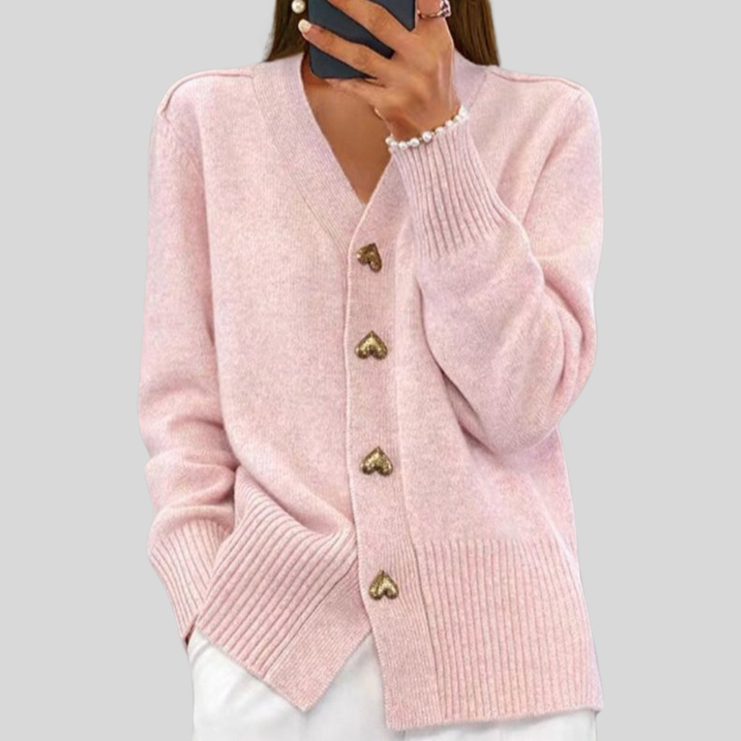 V-Neck Heart Button Ribbed Trim Knit Cardigan