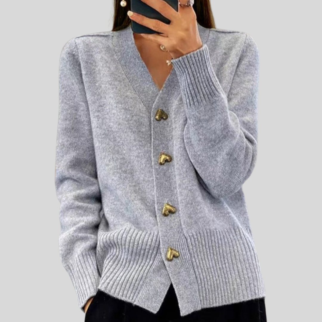 V-Neck Heart Button Ribbed Trim Knit Cardigan 2