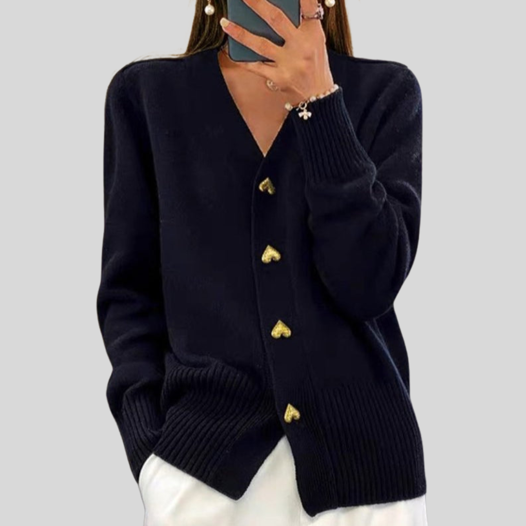 V-Neck Heart Button Ribbed Trim Knit Cardigan 5