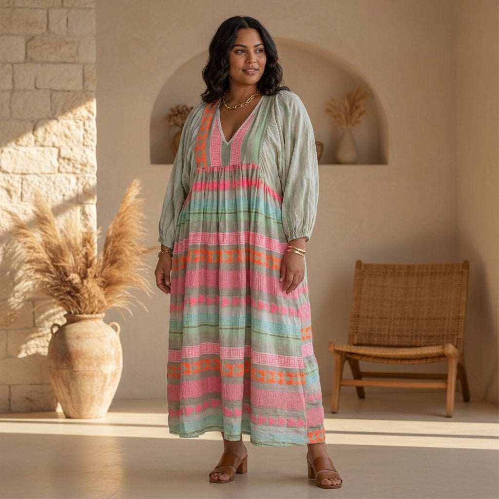 V-Neck Balloon Sleeve Geometric Stripe Boho Tiered Maxi Dress