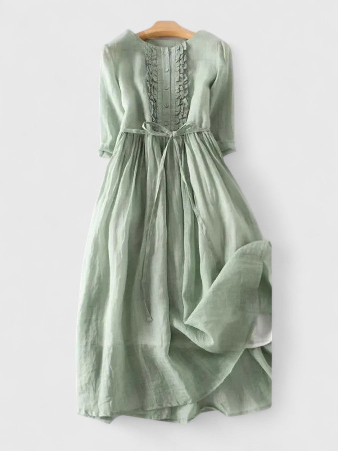 Round Neck Linen Ruffle Placket Drawstring Waist A-Line Maxi Dress 2