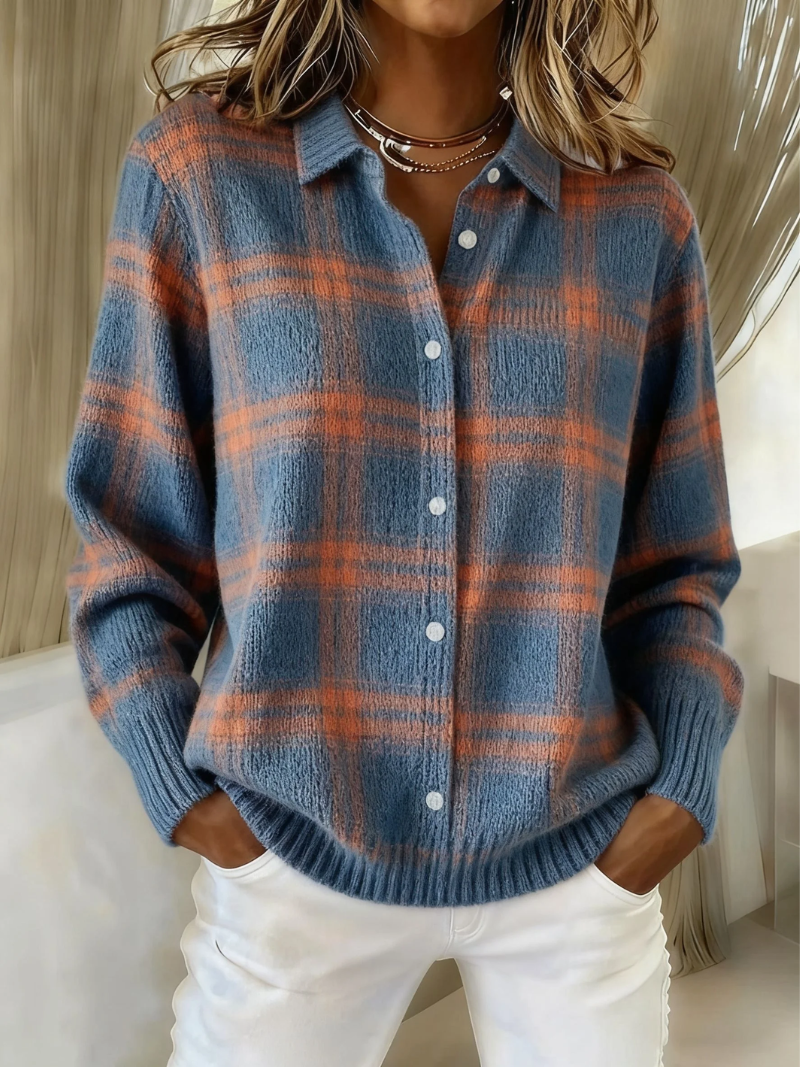 Multicolored Collared Plaid Knit Button-Front Long Sleeve Shirt