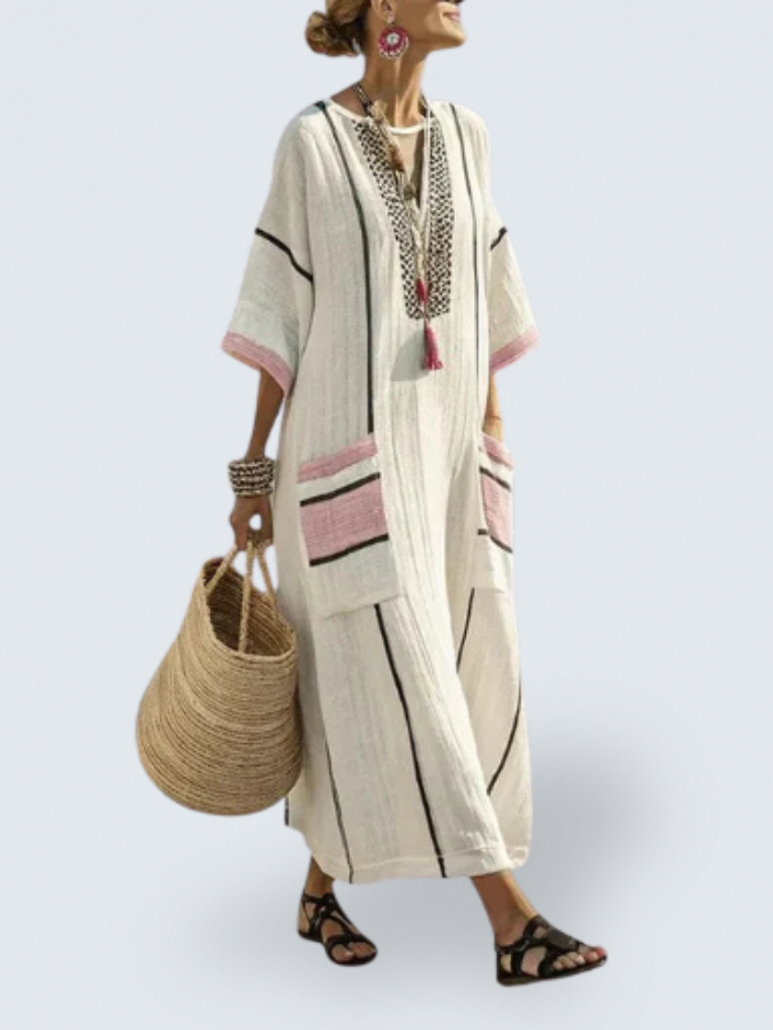 Split Neck Embroidered Striped Pocket Kaftan Maxi Dress