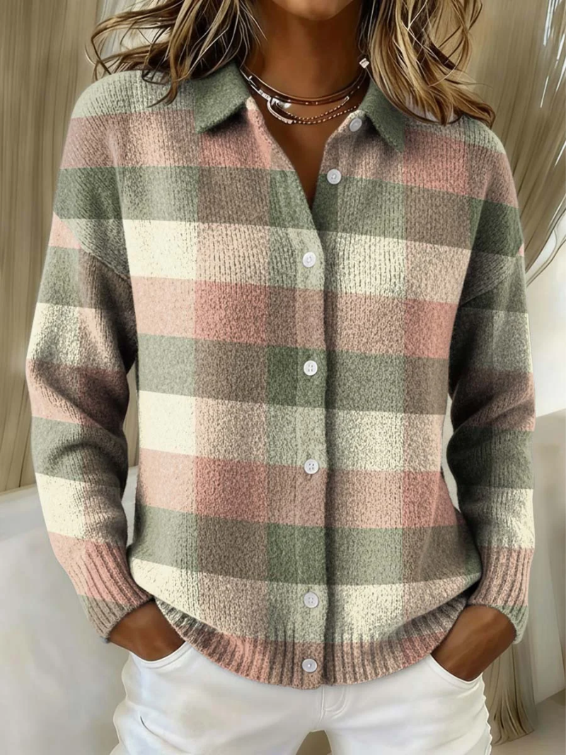 Multicolored Collared Large Check Knit Button-Front Long Sleeve Shirt